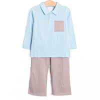 The set features soft knit material, a long sleeve blue&nbsp; polo top and coordinating brown striped pants. 