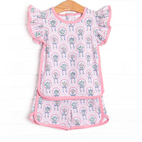  This set features a pink floral print, flutter sleeves, and matching shorts to match. 