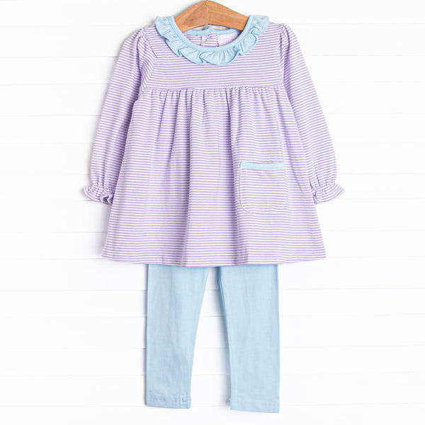 The set features soft knit material, sweet purple stripes, and coordinating light blue leggings to match.