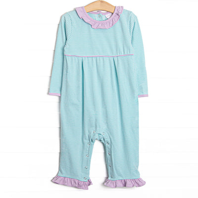  This romper features soft knit material, sweet mint green stripes, and snaps in the stride to make changing a breeze. 