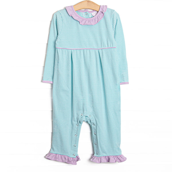  This romper features soft knit material, sweet mint green stripes, and snaps in the stride to make changing a breeze. 
