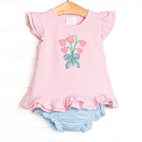 This set features a pink striped flutter sleeve top with a bouquet of flower applique and blue diaper cover to match.