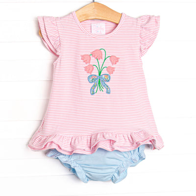 This set features a pink striped flutter sleeve top with a bouquet of flower applique and blue diaper cover to match.