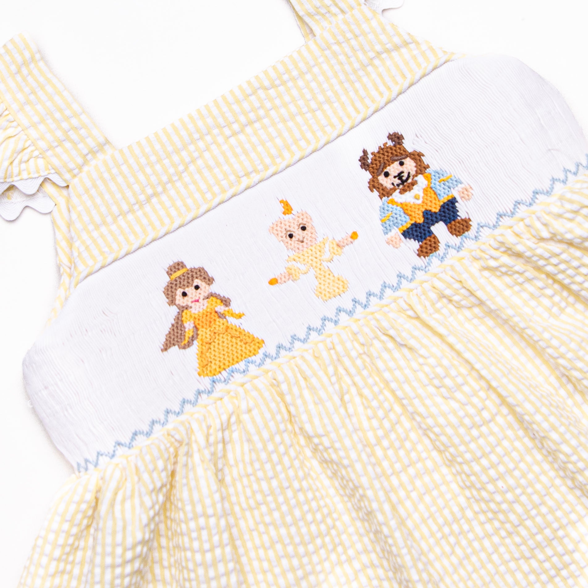 Blushing Beauty Smocked Dress, Yellow Seersucker Stitchy Fish Blushing Beauty Smocked Dress, Yellow Seersucker Stitchy Fish