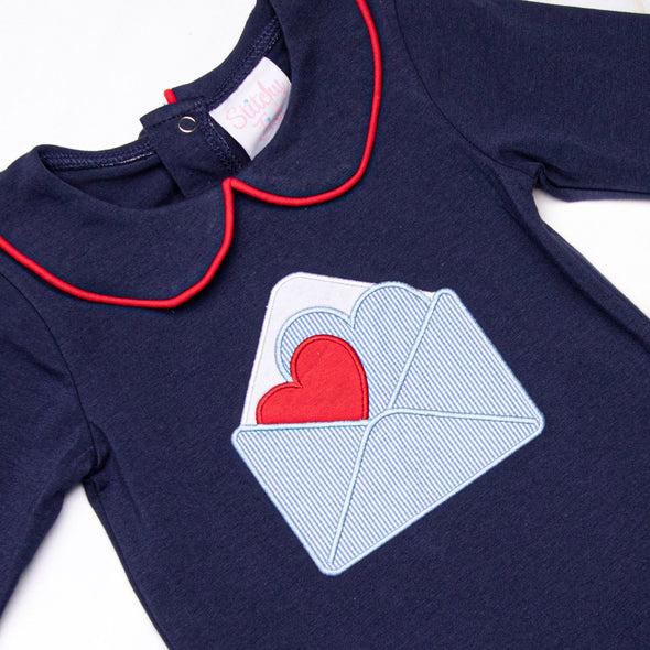 Heartfelt Note Applique Romper, Navy
