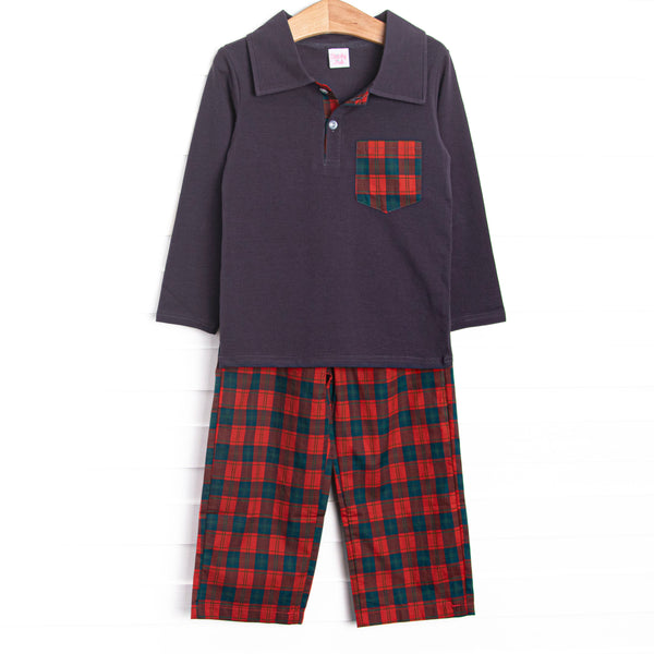  This set features navy blue fabric, a plaid front pocket, and a polo collar. Coordinating plaid pants to match. 
