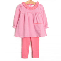  The set features soft knit material, medium pink stripes, and coordinating medium pink leggings to match. 