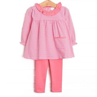 The set features soft knit material, medium pink stripes, and coordinating medium pink leggings to match. 