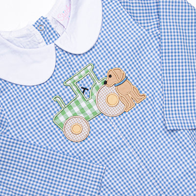Tractor Tag Along Applique Romper, Blue