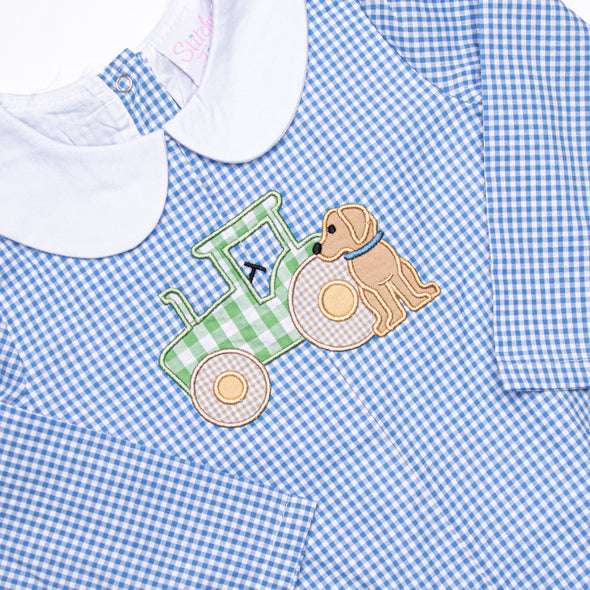 Tractor Tag Along Applique Romper, Blue