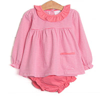 The set features medium pink stripes, pink peter pan collar, and pink knit diaper cover.