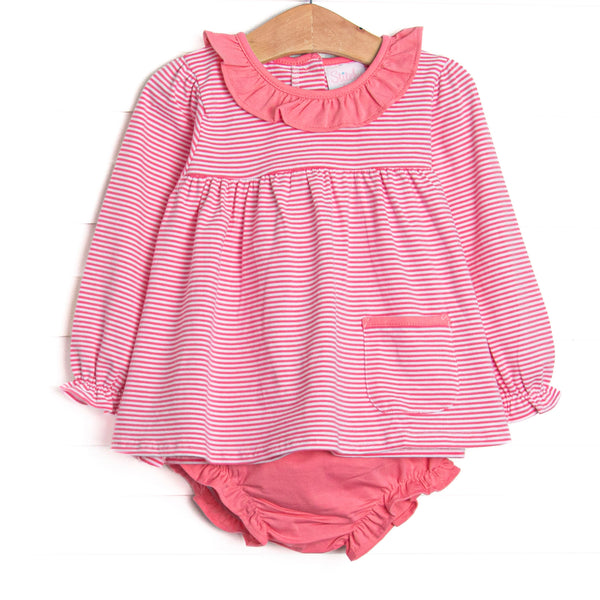 The set features medium pink stripes, pink peter pan collar, and pink knit diaper cover.