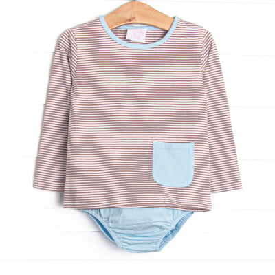 This cozy knit favorite is a staple for every little guy's closet featuring soft knit material, coordinating blue knit diaper cover, and brown stripes. 
