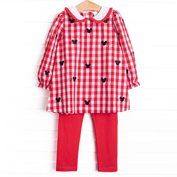 Oh Toodles Embroidered Legging Set, Red Check