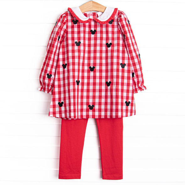 Oh Toodles Embroidered Legging Set, Red Check
