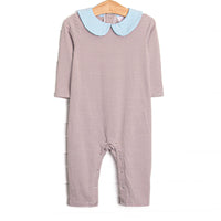 The romper features brown stripes, snaps in the stride to make changing a breeze, and soft knit material