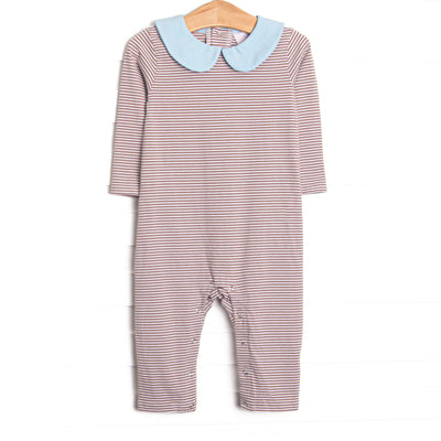 The romper features brown stripes, snaps in the stride to make changing a breeze, and soft knit material
