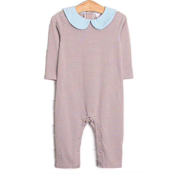 The romper features brown stripes, snaps in the stride to make changing a breeze, and soft knit material