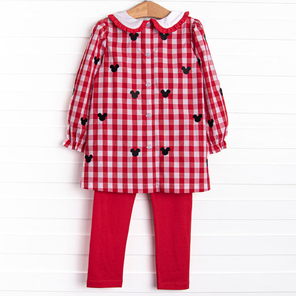 Oh Toodles Embroidered Legging Set, Red Check