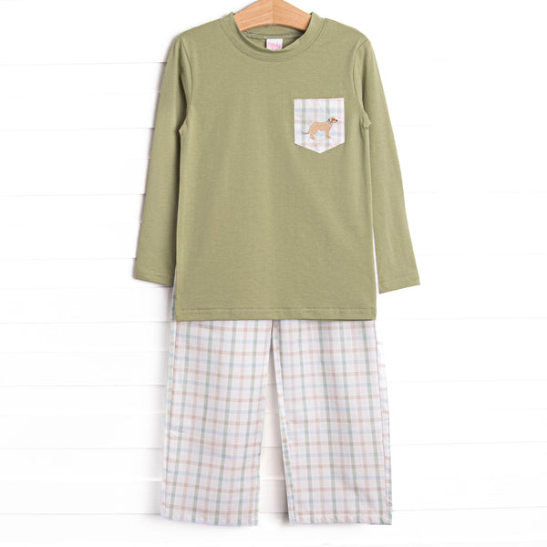 Pup in Plaid Embroidered Pant Set, Green