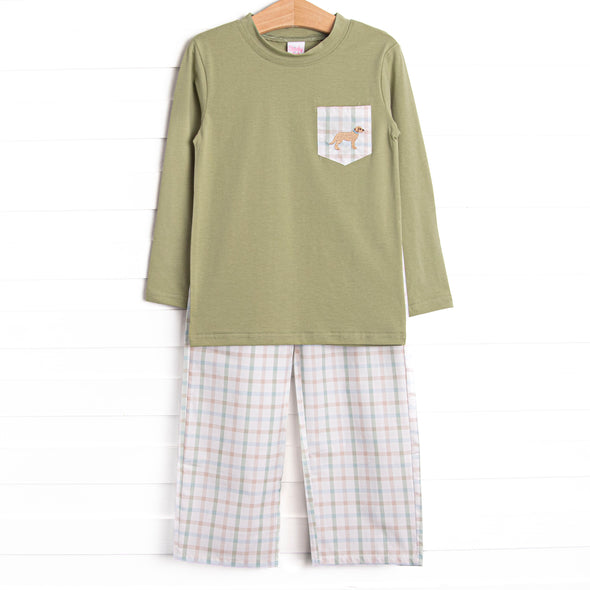 Pup in Plaid Embroidered Pant Set, Green