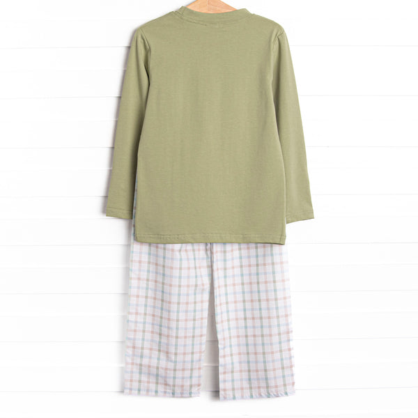 Pup in Plaid Embroidered Pant Set, Green