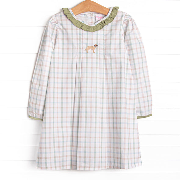 Pup in Plaid Embroidered Dress, Green