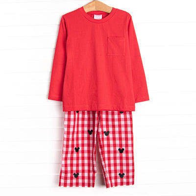 Oh Toodles Embroidered Pant Set, Red Check