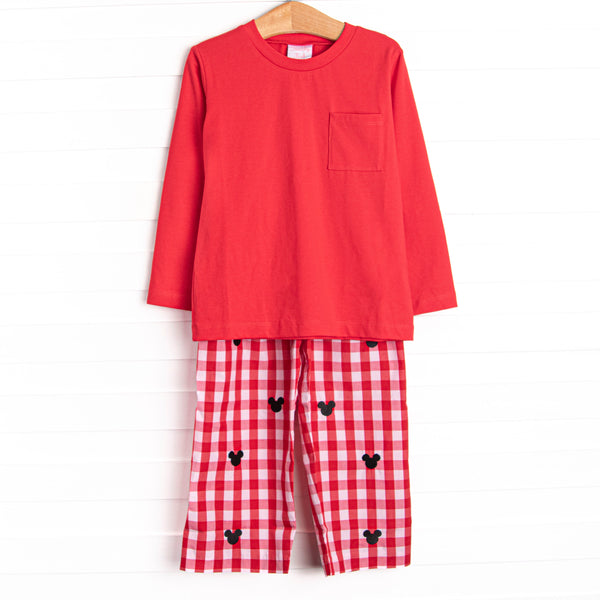 Oh Toodles Embroidered Pant Set, Red Check