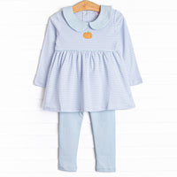  This precious set features blue stripes, a pumpkin embroidery, and the softest Pima cotton. 