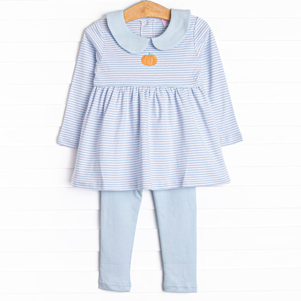  This precious set features blue stripes, a pumpkin embroidery, and the softest Pima cotton. 