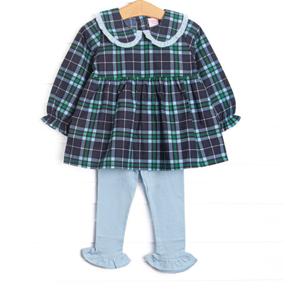A long sleeve navy plaid set with a peter pan collar and light blue trim on the end of sleeves, and blue ruffle leggings to match.