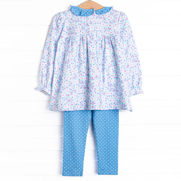 Denim Dot Daisies Legging Set, Blue