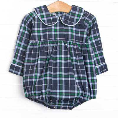  A long sleeve navy plaid bubble with a peter pan collar and light blue trim on the end of sleeves, and snaps on the stride. 