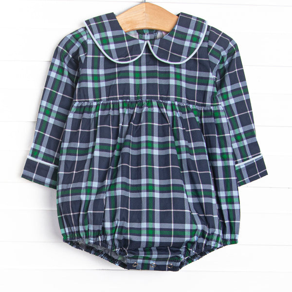  A long sleeve navy plaid bubble with a peter pan collar and light blue trim on the end of sleeves, and snaps on the stride. 