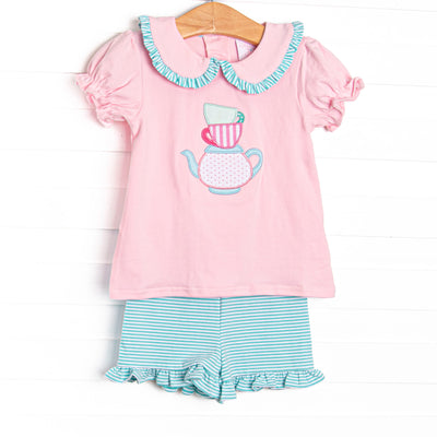 This set features a pink puff sleeve top with&nbsp; a peter pan collar with mint striped ruffles, and a tea applique. Coordinating mint striped shorts to complete the set.