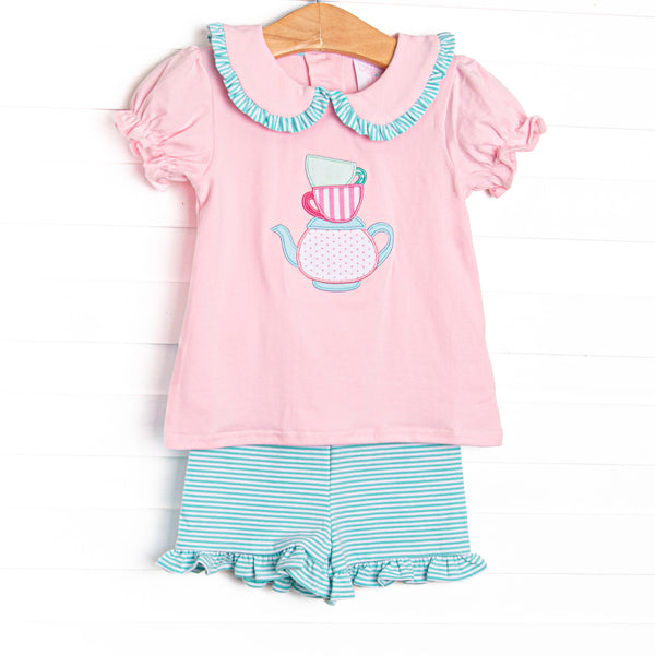 This set features a pink puff sleeve top with&nbsp; a peter pan collar with mint striped ruffles, and a tea applique. Coordinating mint striped shorts to complete the set.