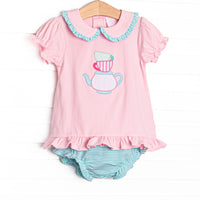 This set features a pink puff sleeve top with&nbsp; a peter pan collar with mint striped ruffles, and a tea applique. Coordinating mint striped diaper cover to complete the set. 