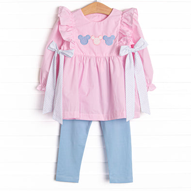 Little Mouse Trio Applique Legging Set, Pink Gingham