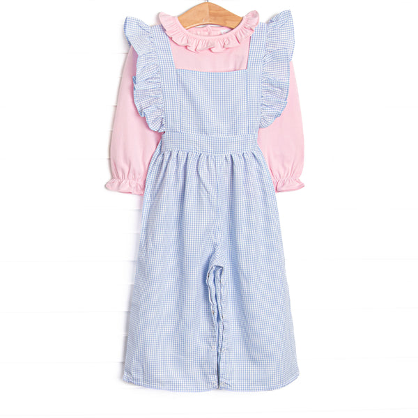 This set features a light blue gingham romper, flutter trim, and a pink ruffle top.&nbsp;