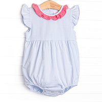 This cozy knit favorite is a staple for every little girl's closet. Featured here in light blue stripes. Short flutter sleeves and pink ruffle add adorable details!