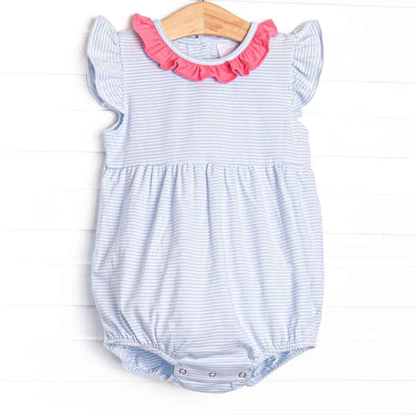 This cozy knit favorite is a staple for every little girl's closet. Featured here in light blue stripes. Short flutter sleeves and pink ruffle add adorable details!