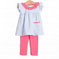 The set features soft knit material, sweet light blue stripes, and coordinating pink leggings to match.