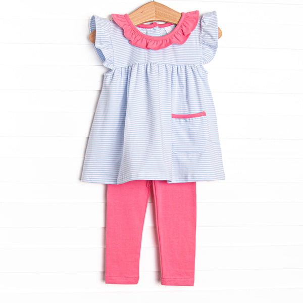 The set features soft knit material, sweet light blue stripes, and coordinating pink leggings to match.
