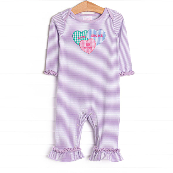 Candy Hearts Applique Romper, Purple