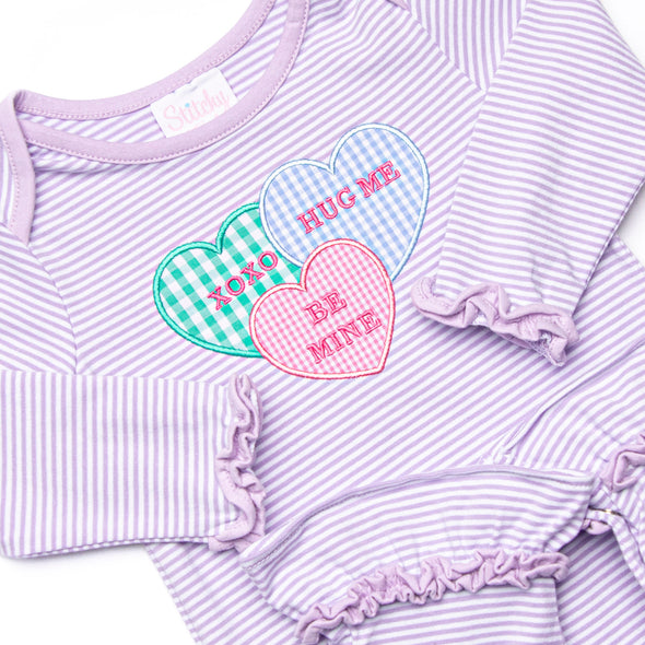 Candy Hearts Applique Romper, Purple