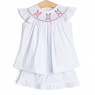 Homerun Hitter Smocked Ruffle Short Set, Blue Bitty Dot