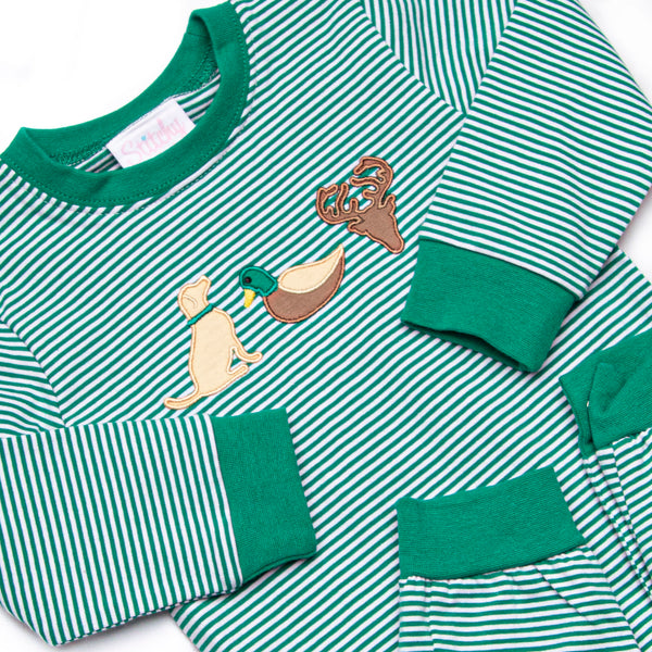 Hudson Hunter Trio Applique Romper, Green Stripe