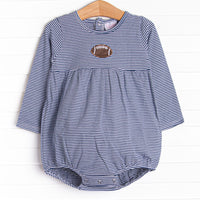 This&nbsp;bubble&nbsp;features a navy striped print, a football embroidery, and snaps on the stride.