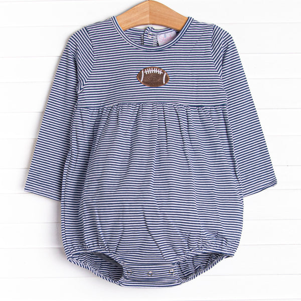 This&nbsp;bubble&nbsp;features a navy striped print, a football embroidery, and snaps on the stride.